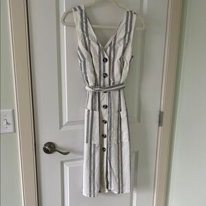 le chateau Linen Blend White Midi Dress with Black Stripes and Waist Tie